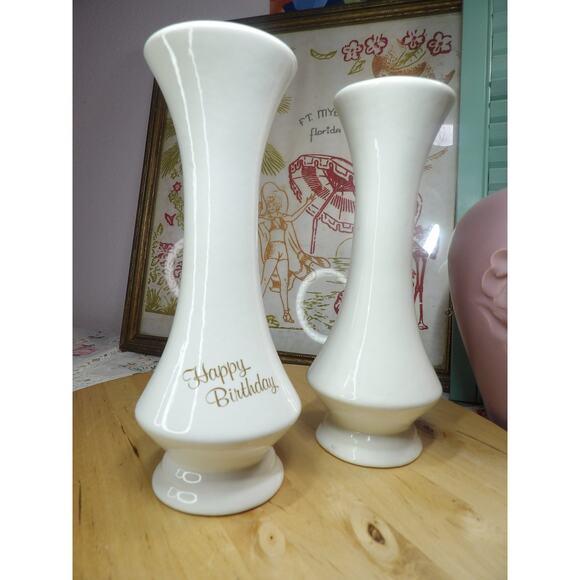Vintage Haeger Pottery Happy Birthday Vase Set of 2 - Picture 1 of 4